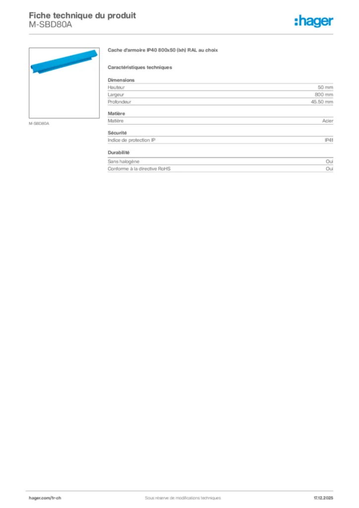 Image Hager Fiche technique du produit M-SBD80A | Hager Suisse