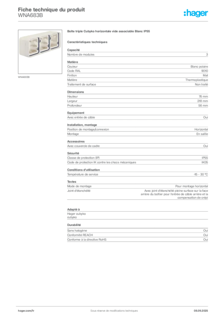 Image Hager Fiche technique du produit WNA683B | Hager France