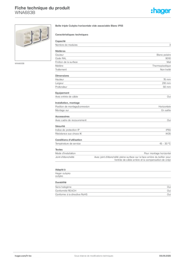 Image Hager Fiche technique du produit WNA683B | Hager Belgique