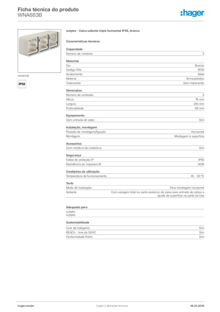 Imagem Hager Ficha técnica do produto WNA683B | Hager Portugal