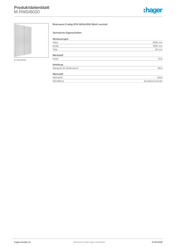 Bild Hager Produktdatenblatt M-RWG16020 | Hager Schweiz