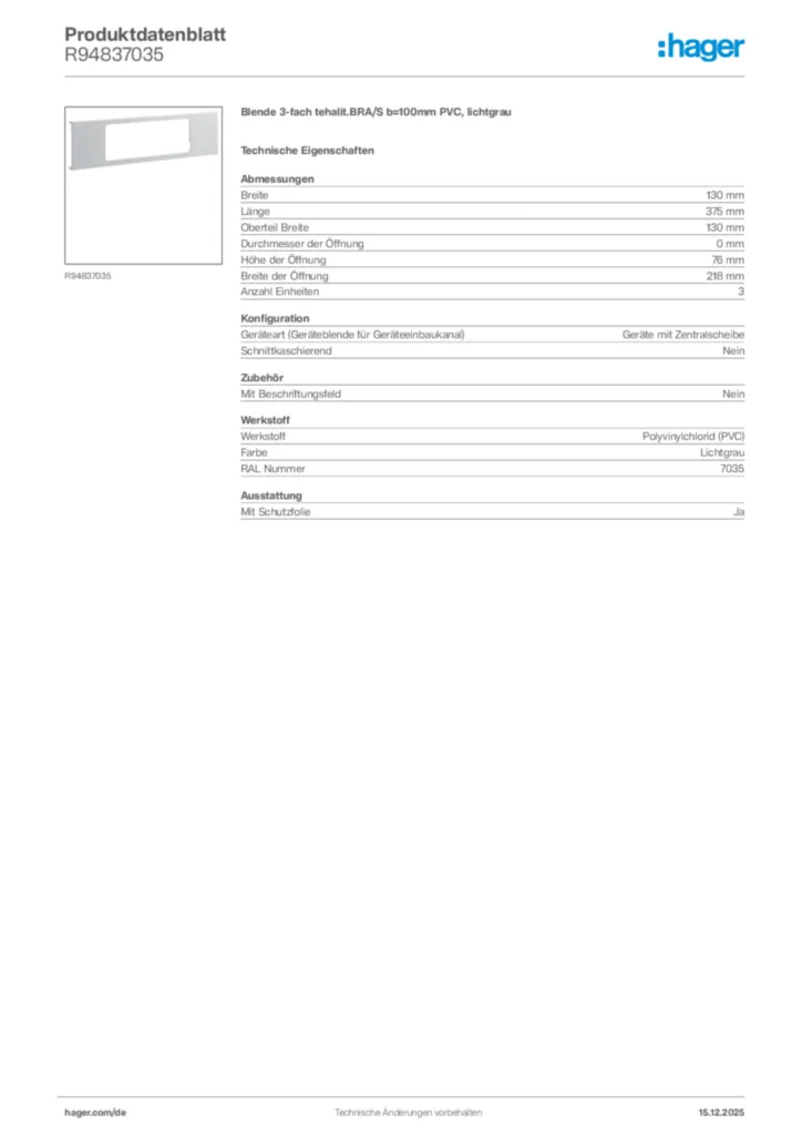 Bild Hager Produktdatenblatt R94837035 | Hager Deutschland
