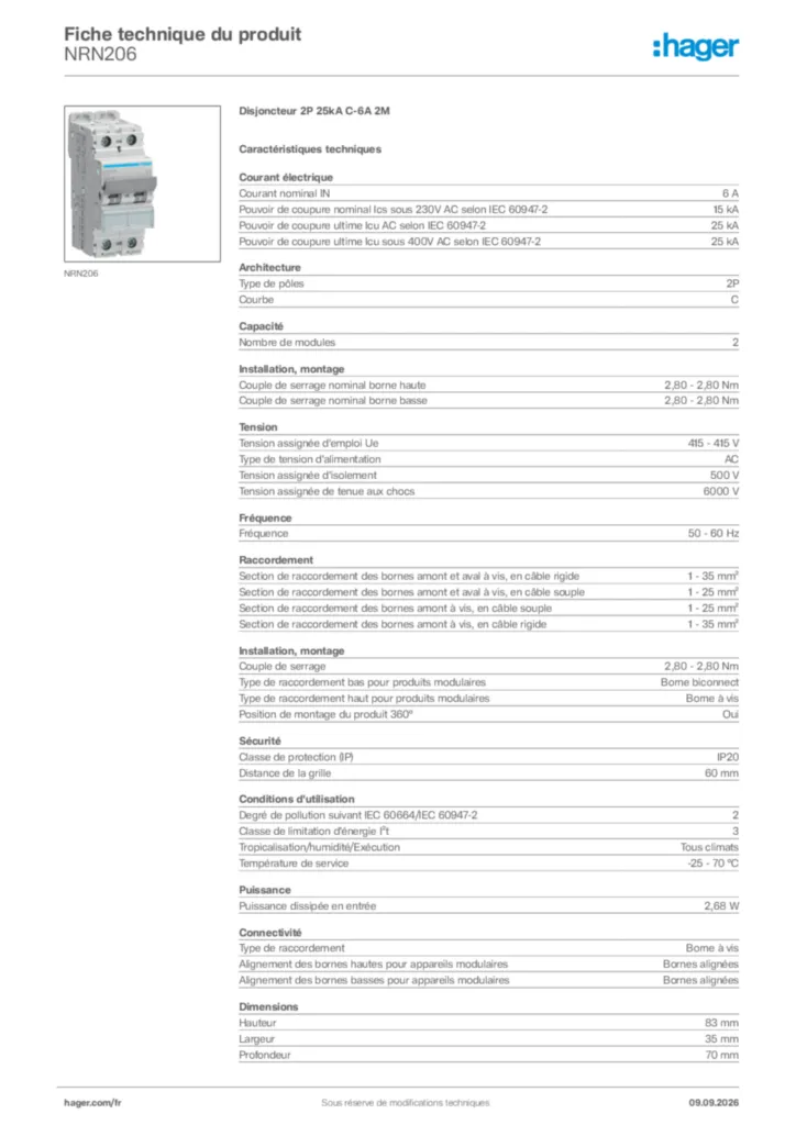 Image Hager Fiche technique du produit NRN206 | Hager France