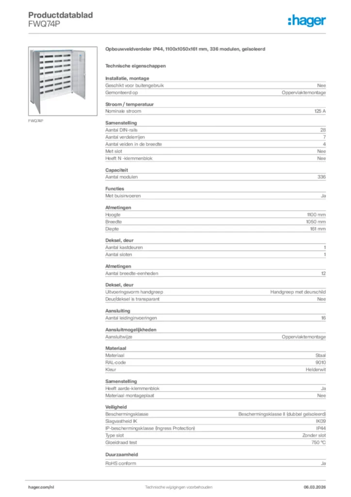 Afbeelding Hager Productdatablad FWQ74P | Hager Nederland