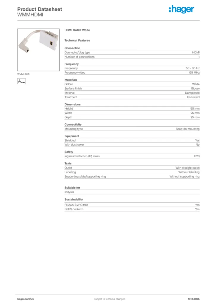 Image Hager Product data sheet WMMHDMI  | Hager
