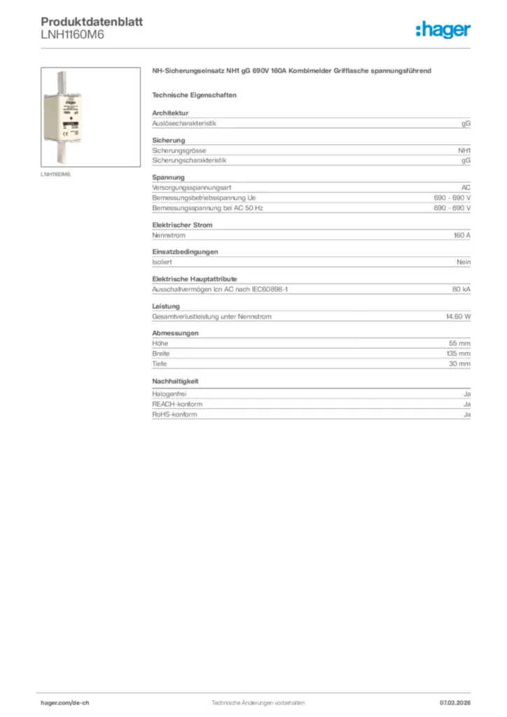Bild Hager Produktdatenblatt LNH1160M6 | Hager Schweiz