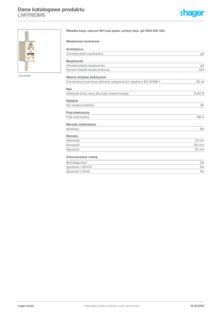 Zdjęcie Hager Karta katalogowa LNH1160M6 | Hager Polska