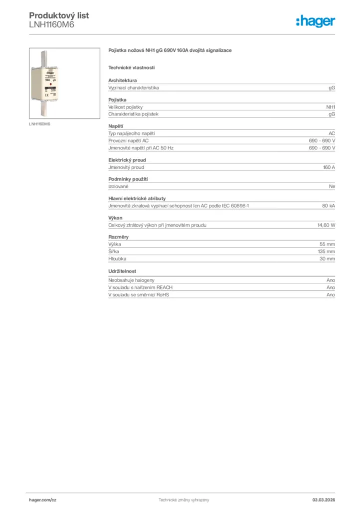 Obrázek Hager Product data sheet LNH1160M6 | Hager
