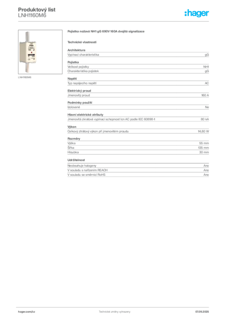 Obrázek Hager Produktový list LNH1160M6 | Hager