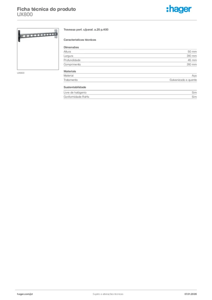 Imagem Hager Ficha técnica do produto UX800 | Hager Portugal