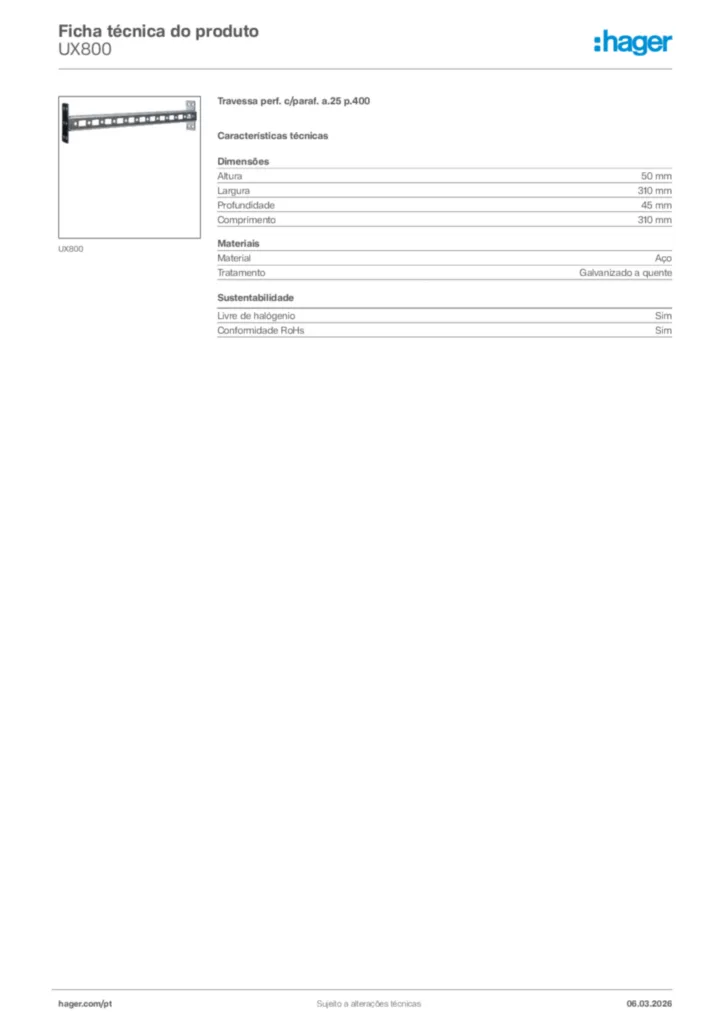 Imagem Hager Ficha técnica do produto UX800 | Hager Portugal