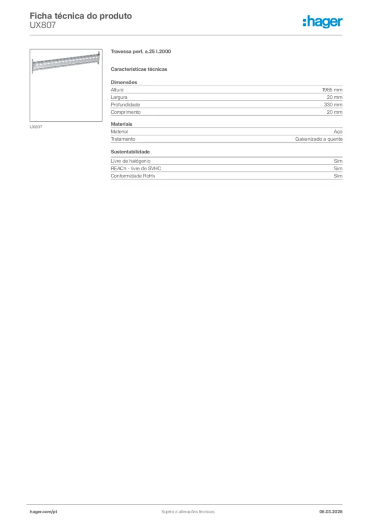 Imagem Hager Ficha técnica do produto UX807 | Hager Portugal