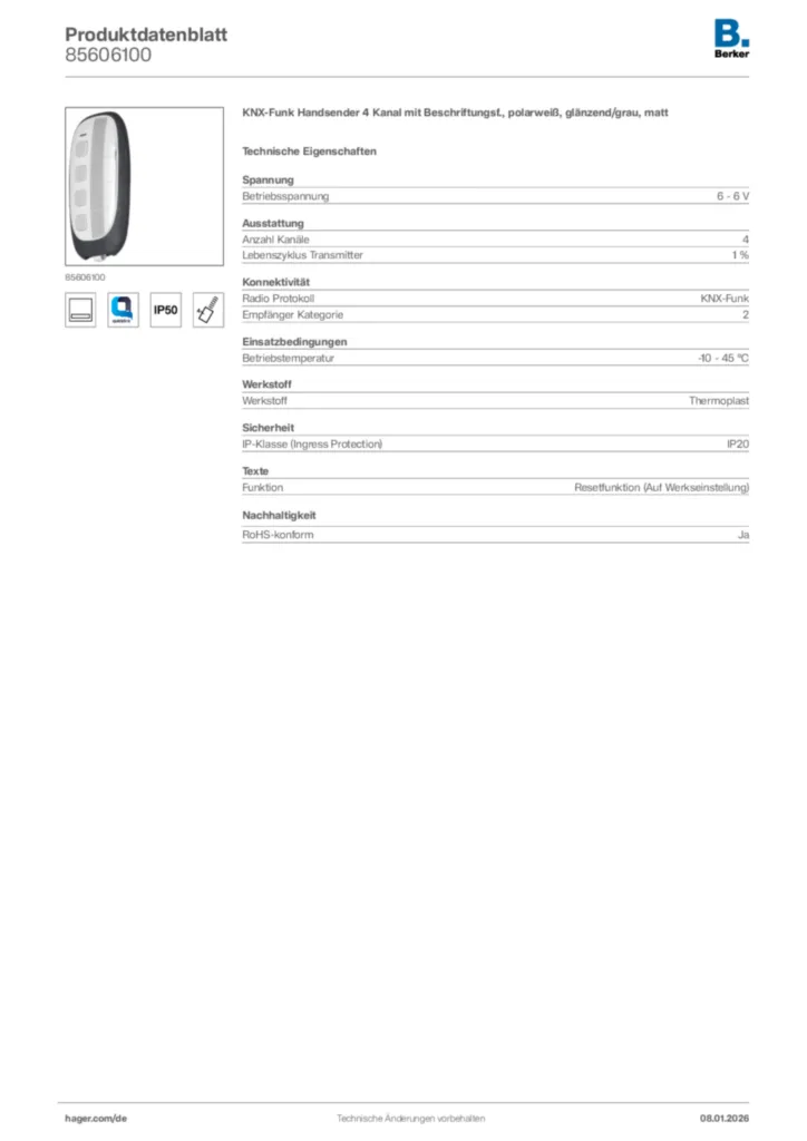 Bild Berker Produktdatenblatt 85606100 | Hager Deutschland