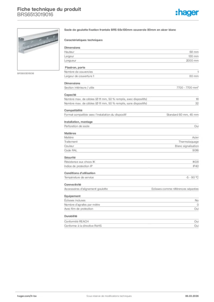 Image Hager Fiche technique du produit BRS6513019016 | Hager Belgique