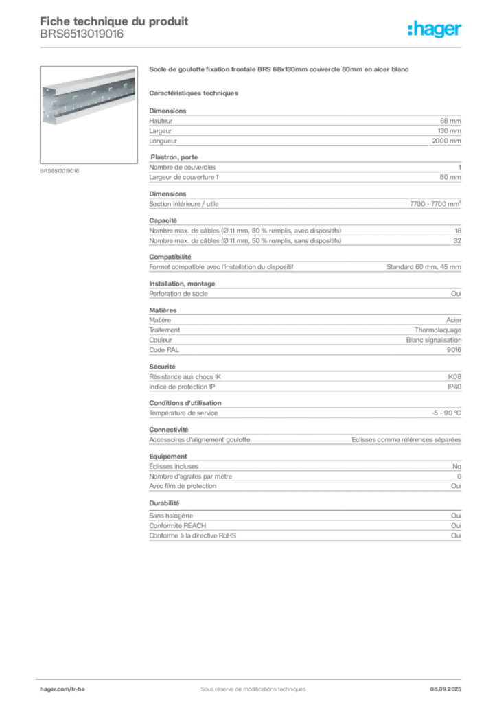 Image Hager Fiche technique du produit BRS6513019016 | Hager Belgique