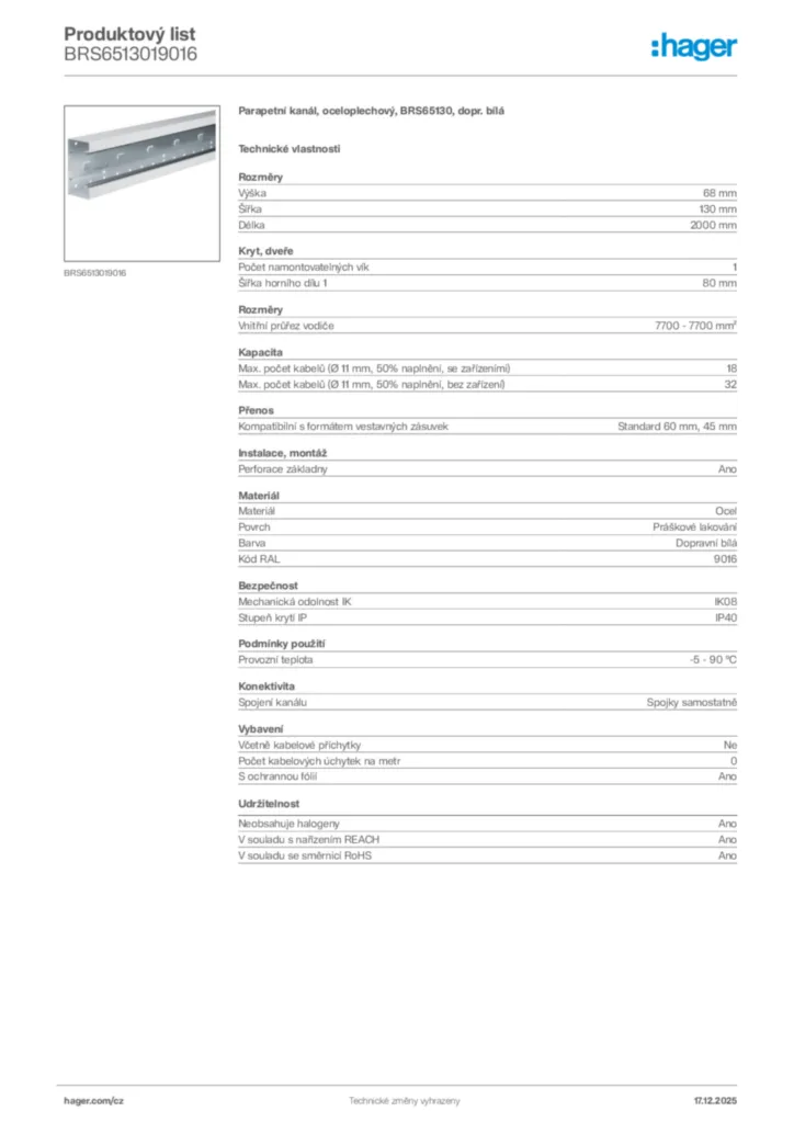 Obrázek Hager Produktový list BRS6513019016 | Hager