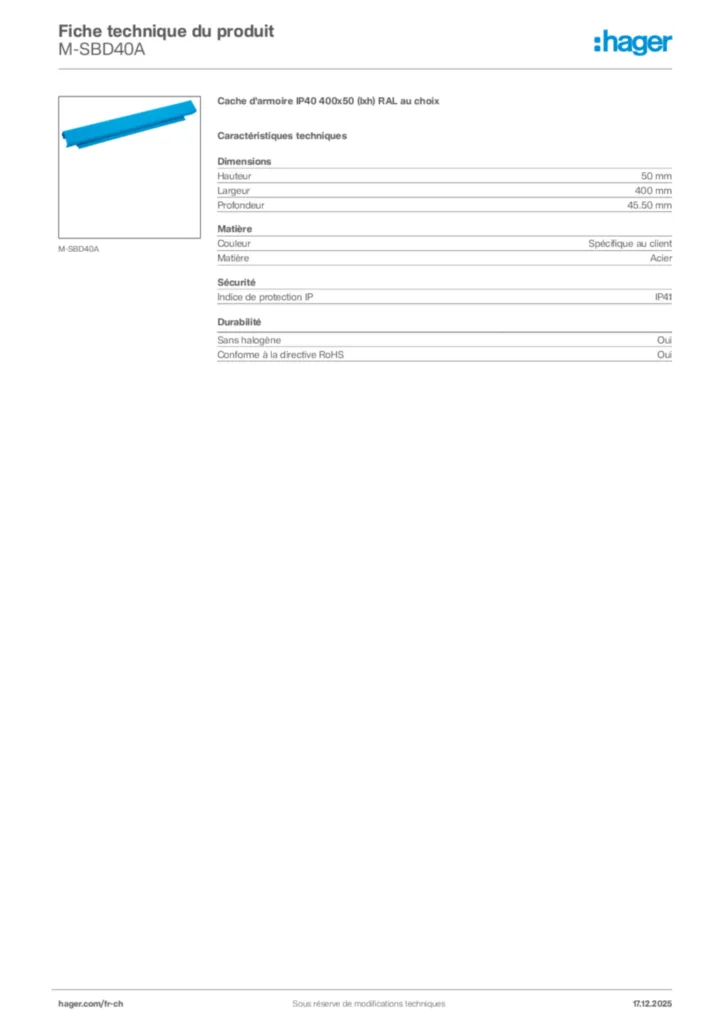 Image Hager Fiche technique du produit M-SBD40A | Hager Suisse