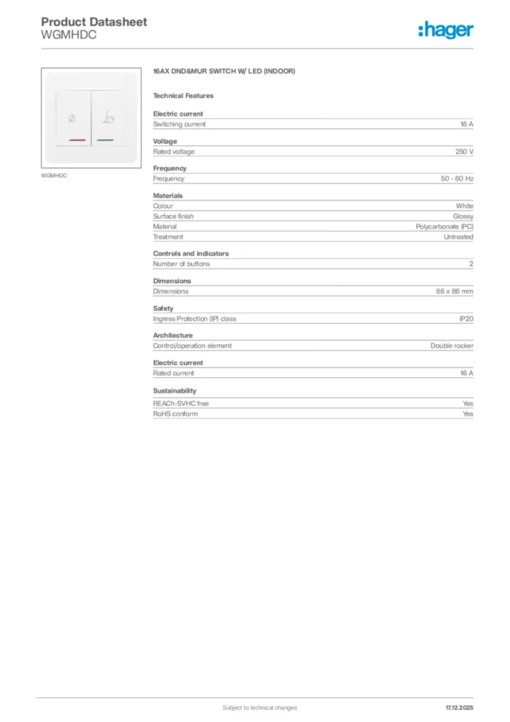 Image Hager Product data sheet WGMHDC  | Hager