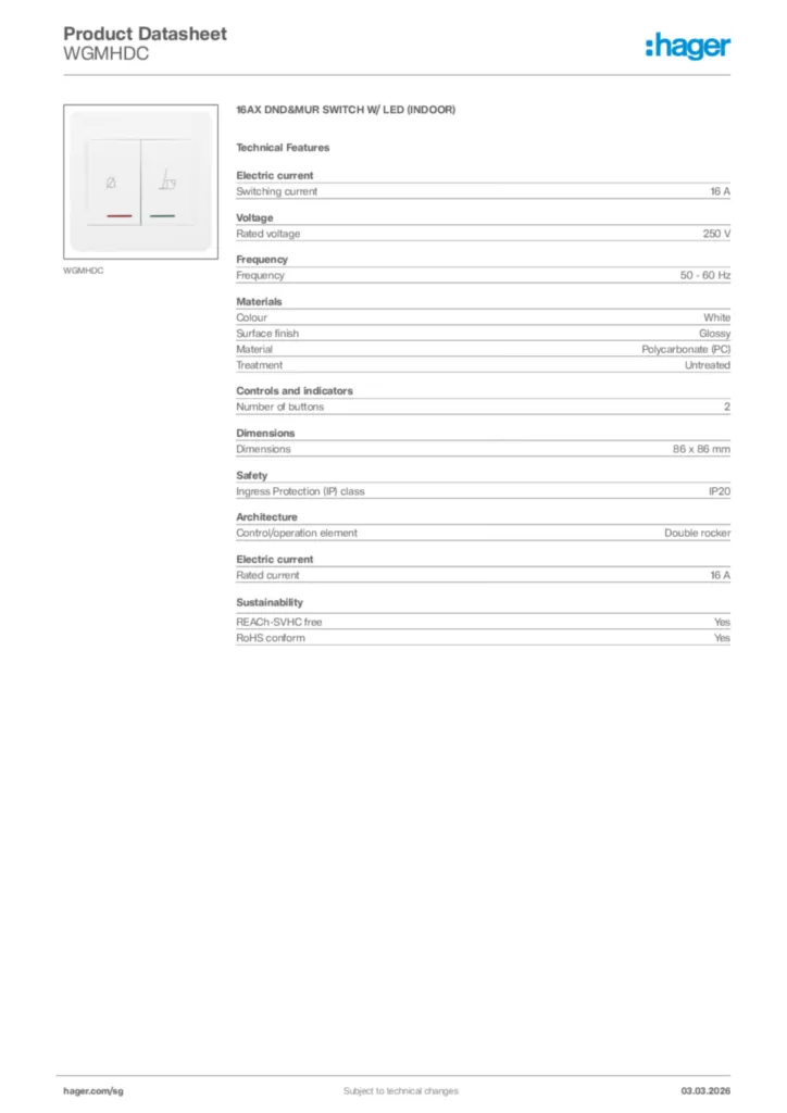 Image Hager Product data sheet WGMHDC  | Hager