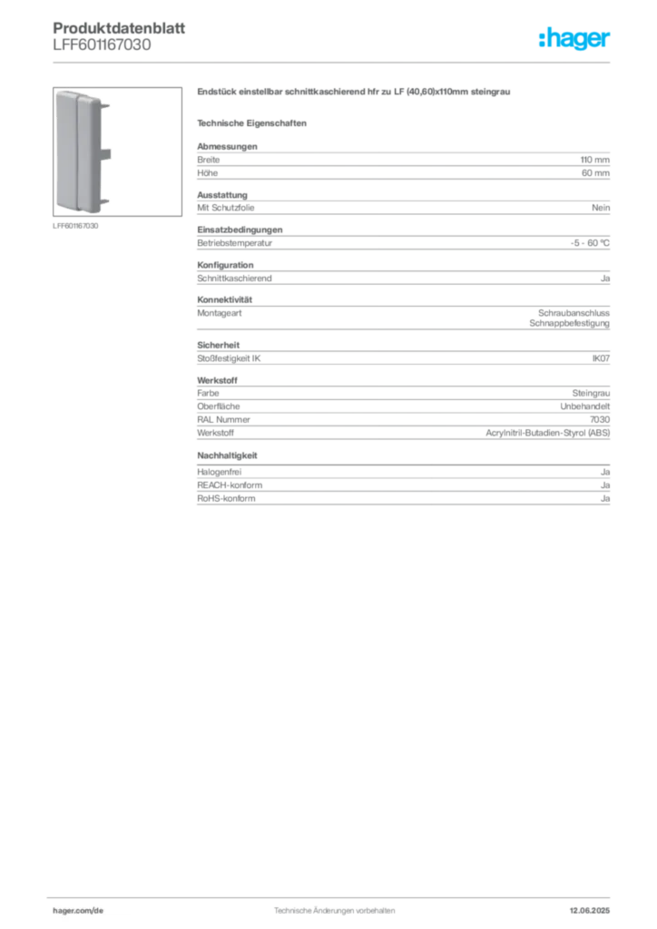 Bild Hager Produktdatenblatt LFF601167030 | Hager Deutschland