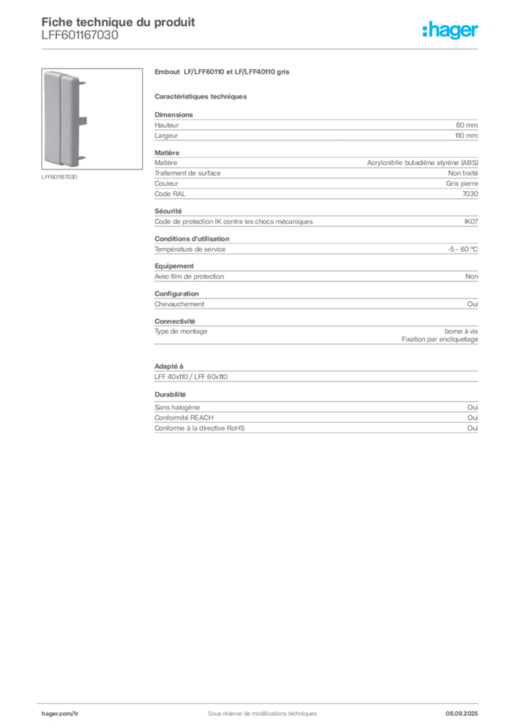 Image Hager Fiche technique du produit LFF601167030 | Hager France