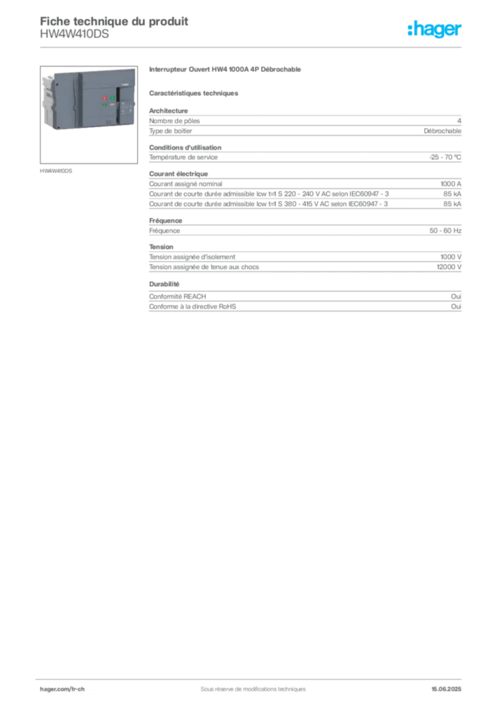 Image Hager Fiche technique du produit HW4W410DS | Hager Suisse
