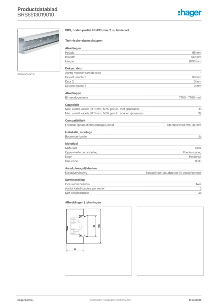 Afbeelding Hager Productdatablad BRS6513019010 | Hager Nederland