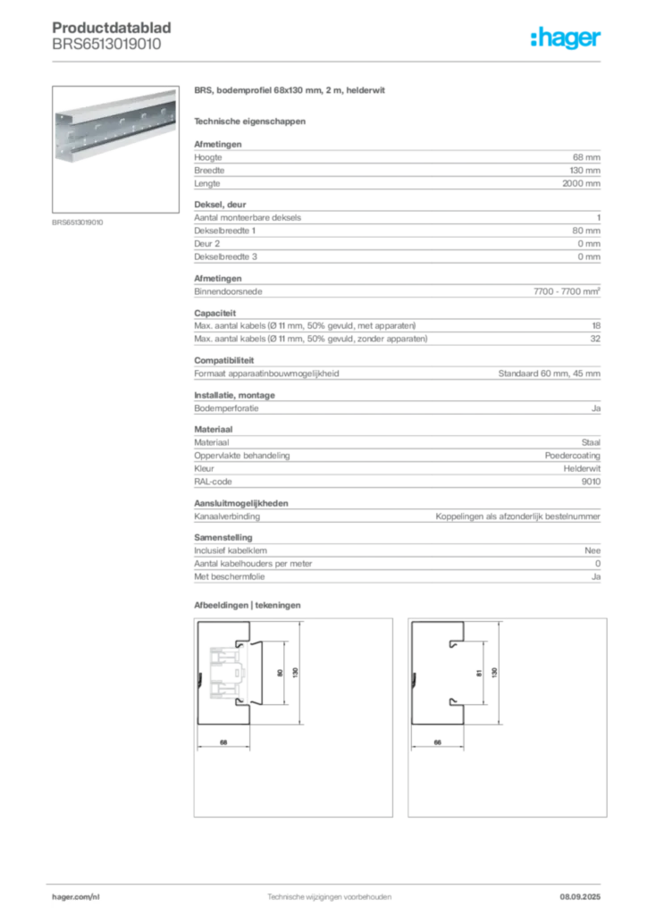 Afbeelding Hager Productdatablad BRS6513019010 | Hager Nederland