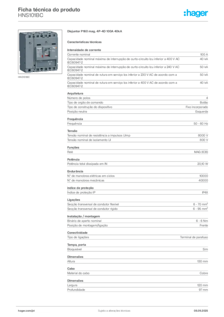 Imagem Hager Ficha técnica do produto HNS101BC | Hager Portugal