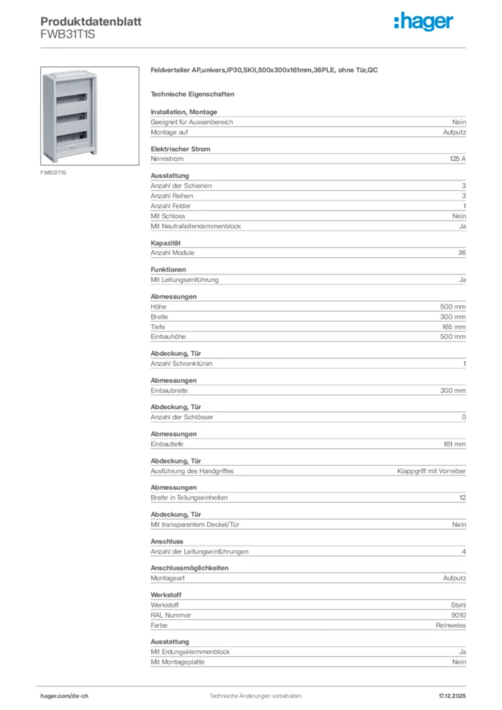 Bild Hager Produktdatenblatt FWB31T1S | Hager Schweiz