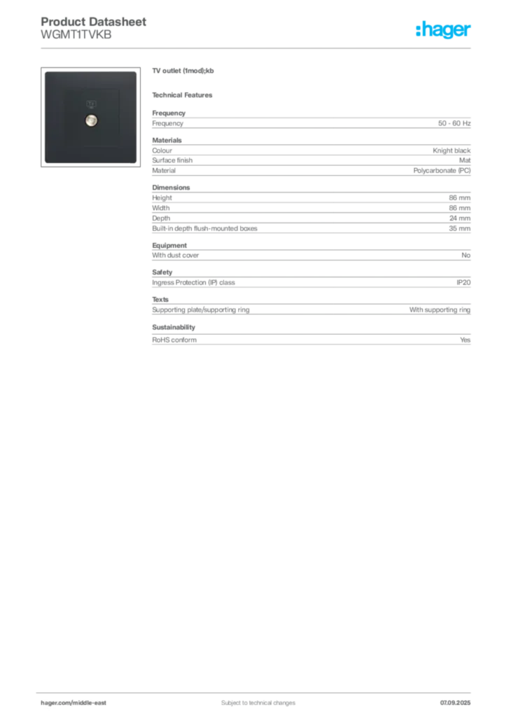 Image Hager Product data sheet WGMT1TVKB  | Hager