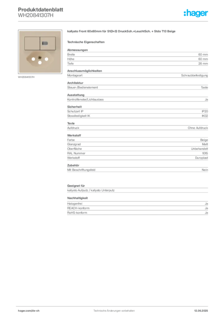 Bild Hager Produktdatenblatt WH20841307H | Hager Schweiz