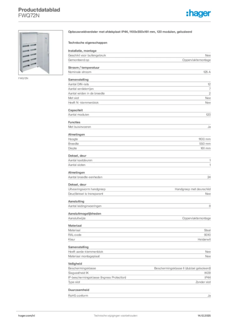 Afbeelding Hager Productdatablad FWQ72N | Hager Nederland