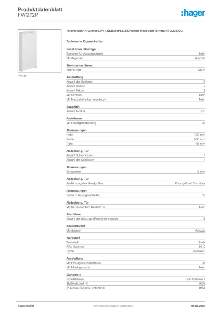 Bild Hager Produktdatenblatt FWQ72P | Hager Deutschland