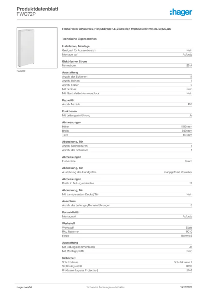 Bild Hager Produktdatenblatt FWQ72P | Hager Deutschland