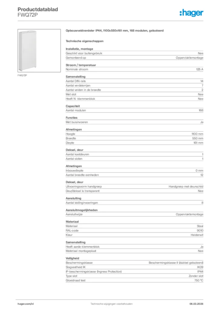 Afbeelding Hager Productdatablad FWQ72P | Hager Nederland