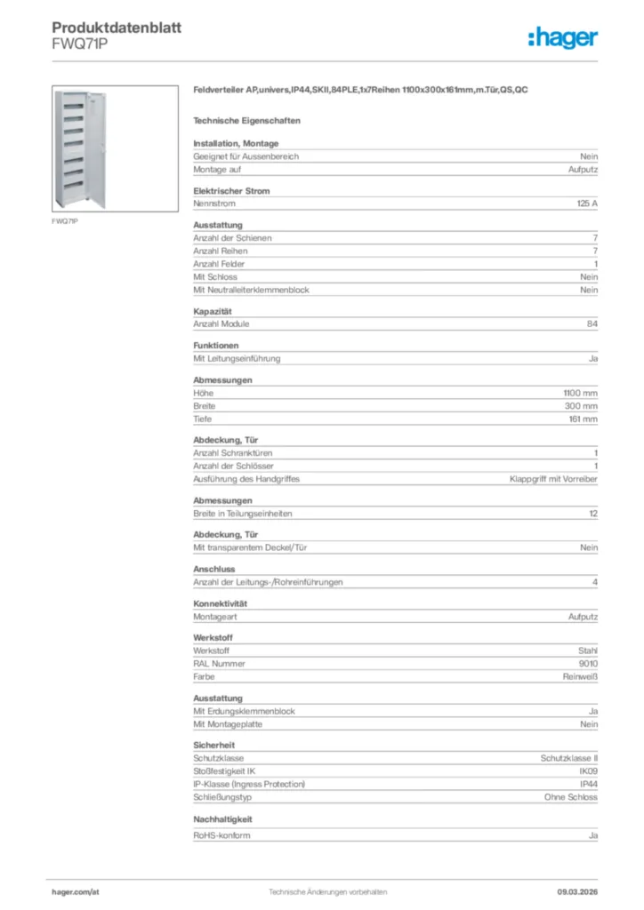 Bild Hager Produktdatenblatt FWQ71P | Hager Deutschland