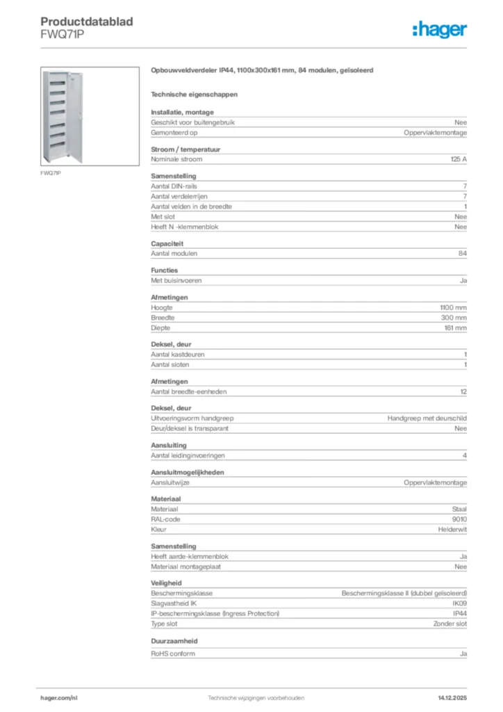 Afbeelding Hager Productdatablad FWQ71P | Hager Nederland