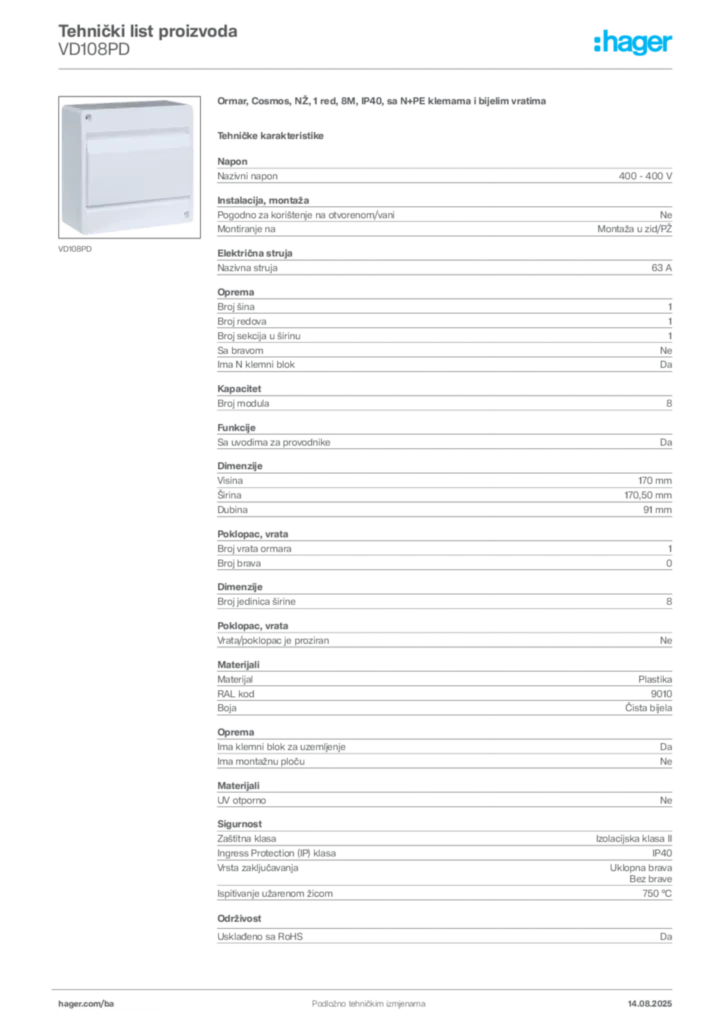 Slika Hager Product data sheet VD108PD  | Hager