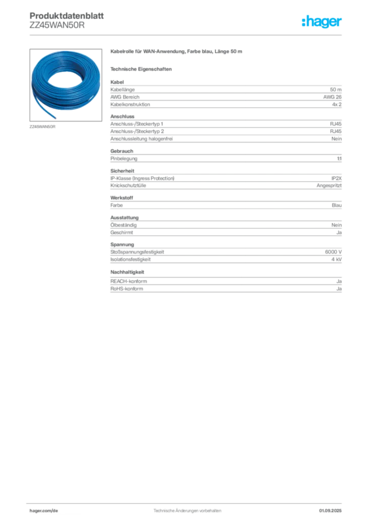 Bild Hager Produktdatenblatt ZZ45WAN50R | Hager Deutschland