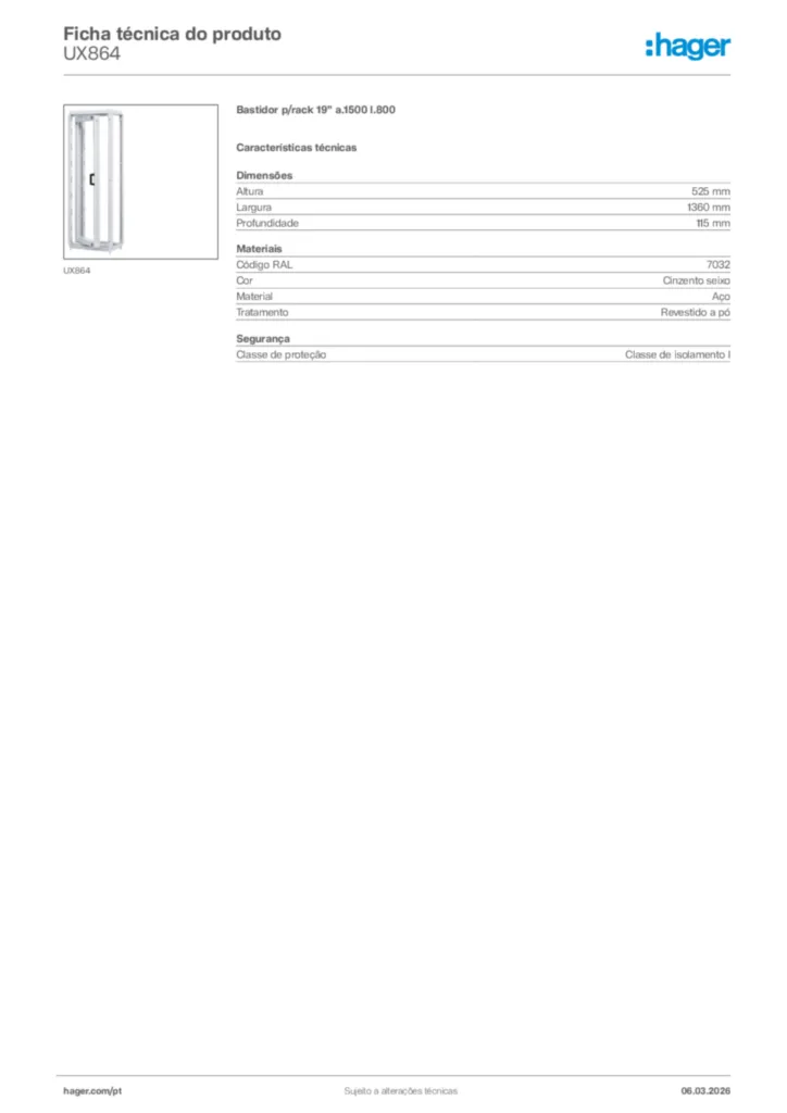 Imagem Hager Ficha técnica do produto UX864 | Hager Portugal