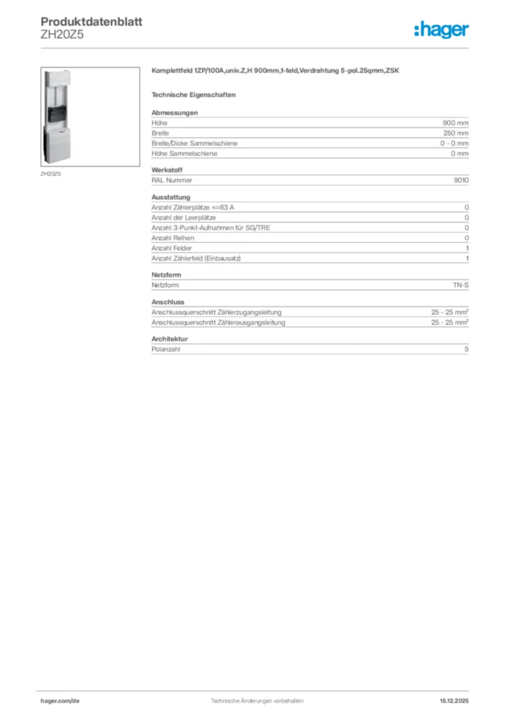 Bild Hager Produktdatenblatt ZH20Z5 | Hager Deutschland
