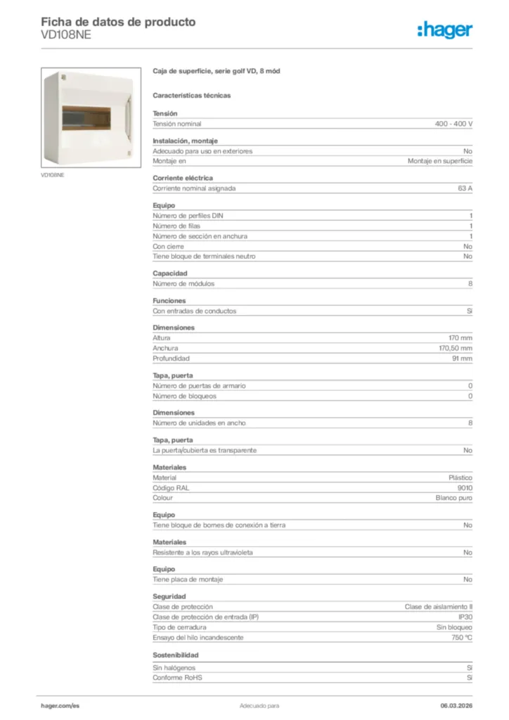Imagen Hager Ficha de datos de producto VD108NE | Hager España