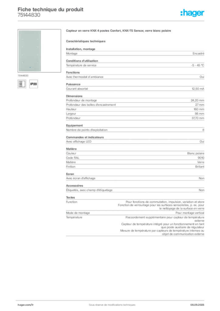 Image Hager Fiche technique du produit 75144830 | Hager France