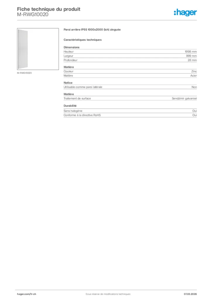 Image Hager Fiche technique du produit M-RWG10020 | Hager Suisse
