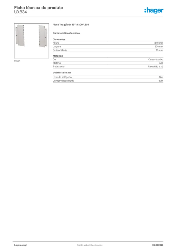 Imagem Hager Ficha técnica do produto UX834 | Hager Portugal