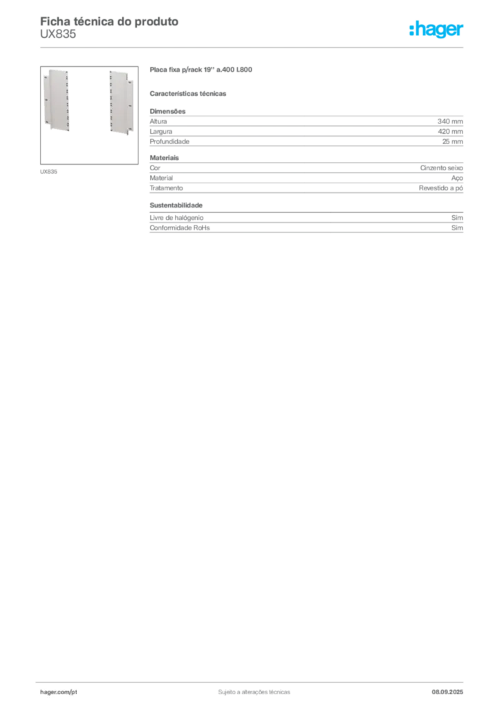 Imagem Hager Ficha técnica do produto UX835 | Hager Portugal