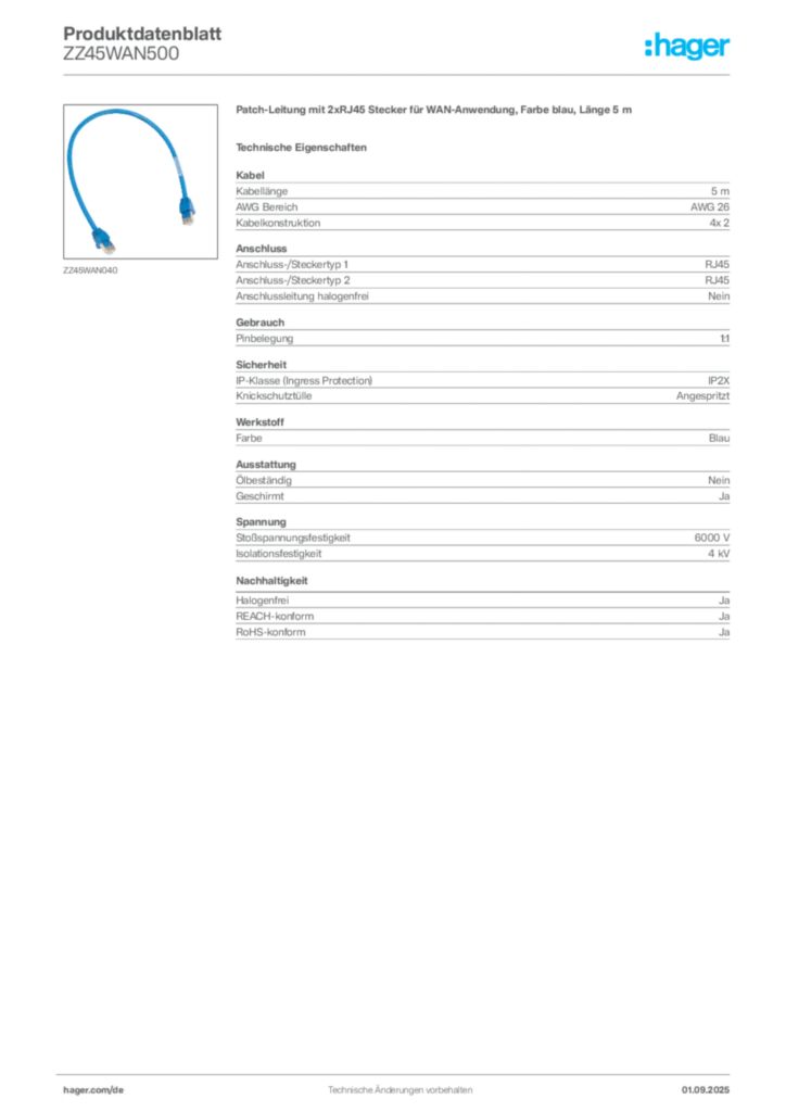 Bild Hager Produktdatenblatt ZZ45WAN500 | Hager Deutschland