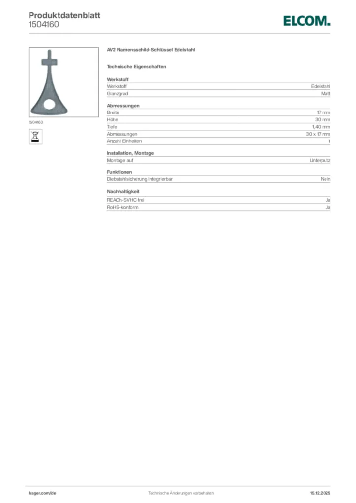 Bild Elcom Produktdatenblatt 1504160 | Hager Deutschland