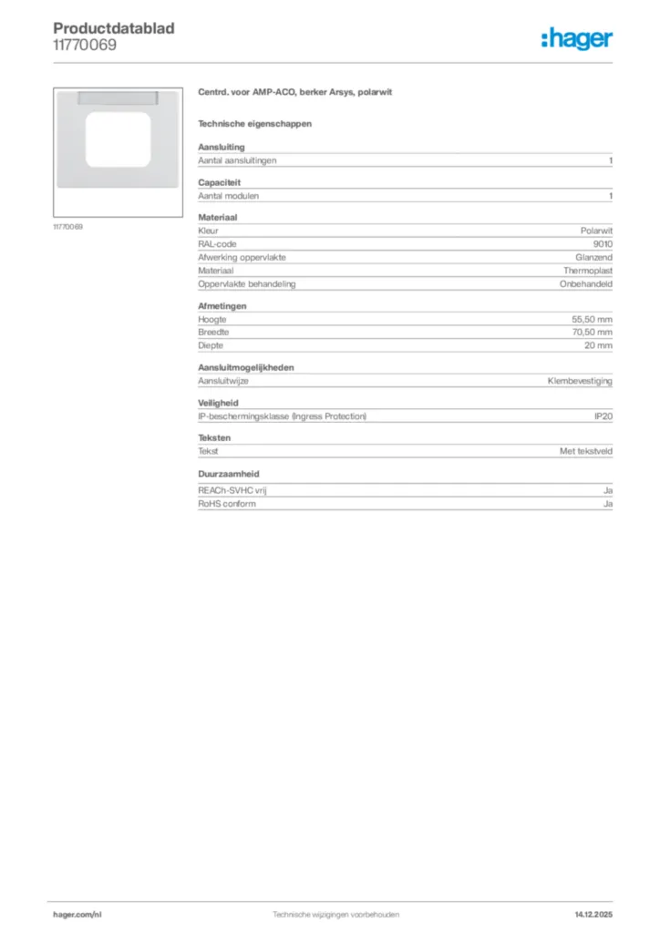 Afbeelding Hager Productdatablad 11770069 | Hager Nederland
